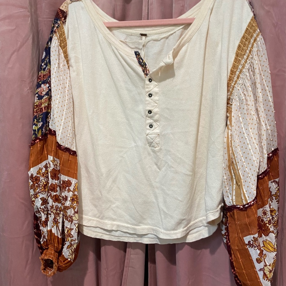 Free People Cream Blouse with Colorful Patchwork Sleeves
